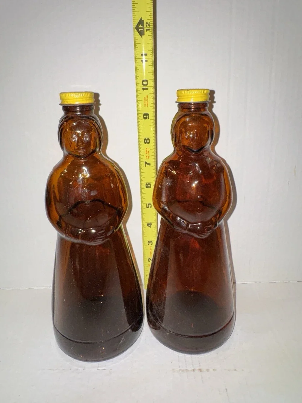 Vintage Mrs. Butterworth Amber Glass Syrup Bottles Pair Original Yellow Caps
